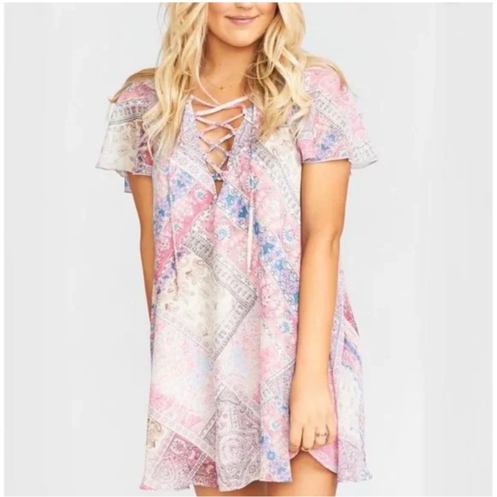 Show Me Your MuMu- Kylie Lace Up Pink and Blue Dress - Size: Medium